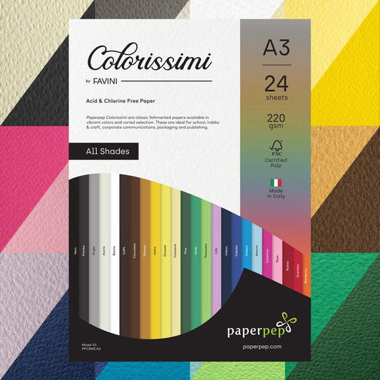 PaperPep Colorissimi 220GSM Card Stock A3 Multicolor Shades Assorted 24 Sheets