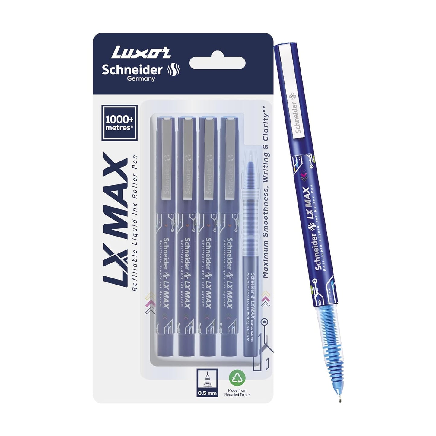 Luxor Schneider LX-Max Needle tip, 4 Blue Pens ,  1 Refill