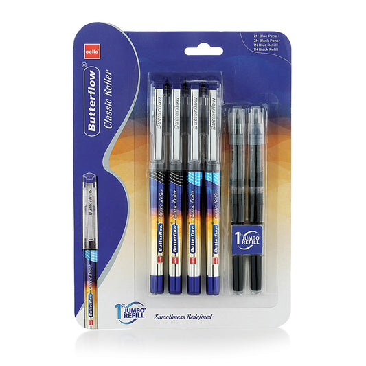 Cello Butterflow Classic Roller Pen Set, 2 Blue & 2 Black Ink Pens With 2 Jumbo Refills, Pack of 1