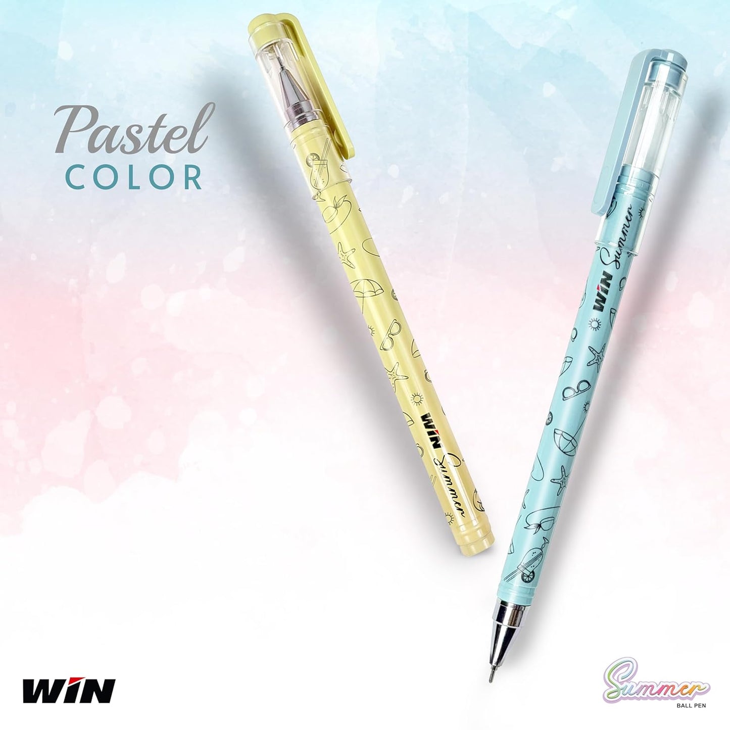 Win Summer Ball Pen, 0.7mm, Blue Ink, Pack of 10 Card Pack