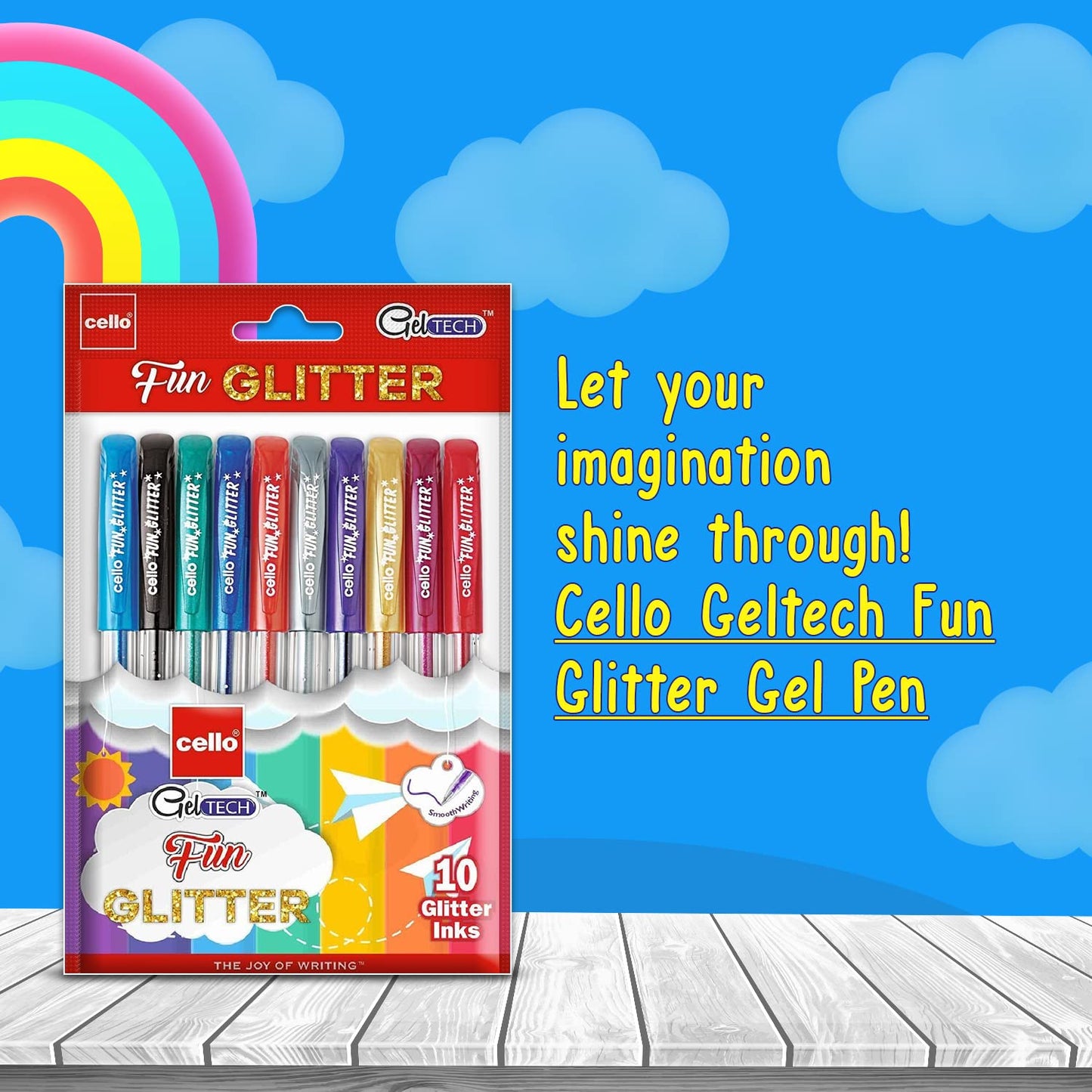 Cello 10 Pcs Geltech Fun Glitter Gel Pen, Multicolor Ink, Pack Of 1