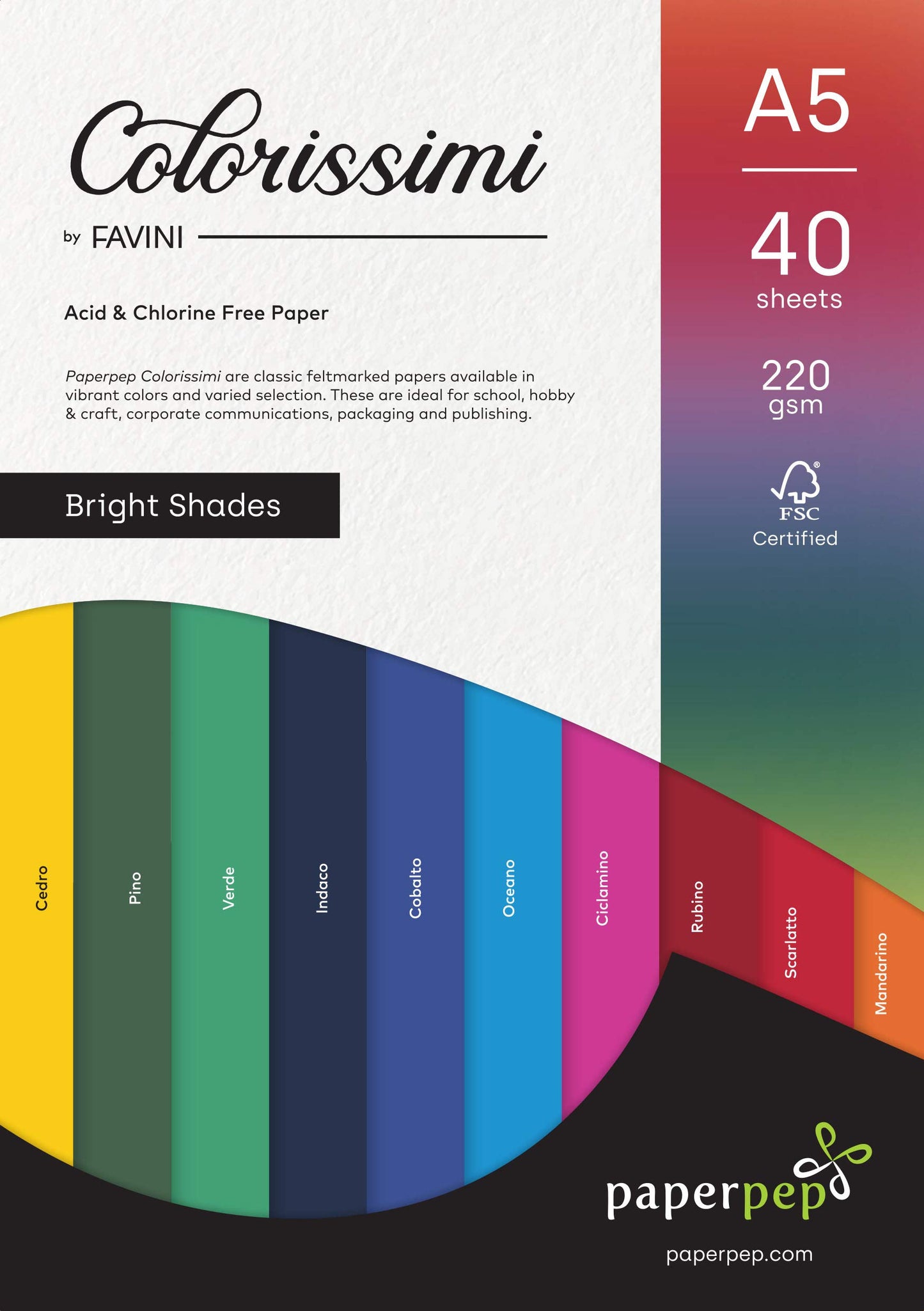 PaperPep Colorissimi 220GSM Card Stock A5 Bright Shades Assorted 40 Sheets