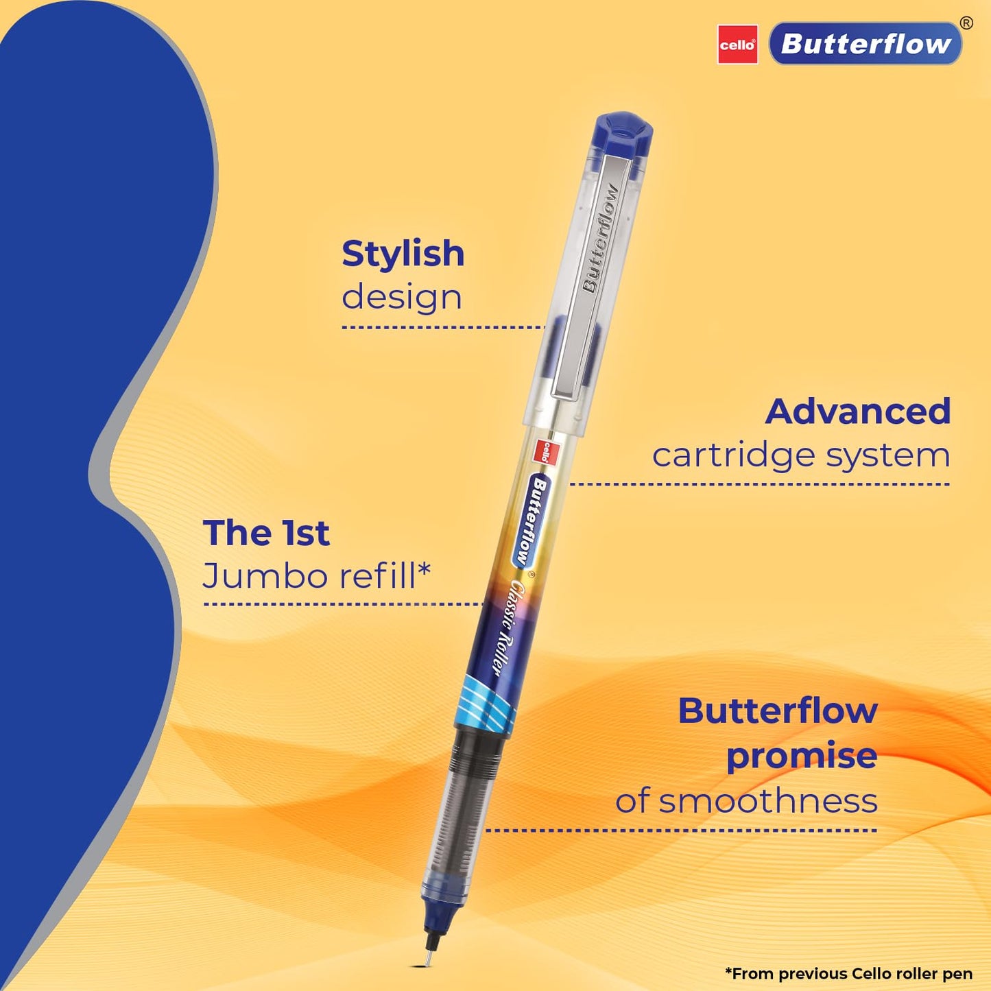 Cello Butterflow Classic Roller Pen Set, 2 Blue & 2 Black Ink Pens With 2 Jumbo Refills, Pack of 1