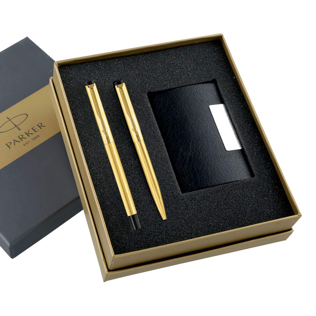 Parker Functional Vector Gold Roller Ball Pen & Ball Pen With Card Holder Gift Set, Blue Ink, Pack Of 1