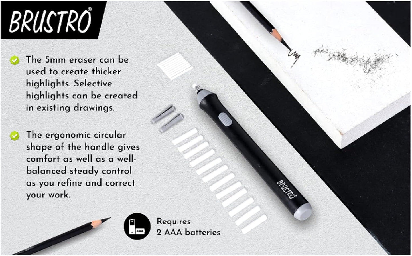 BRUSTRO Slim Battery Operated Automatic Eraser, with 22 Refills and 2 Eraser Holders.