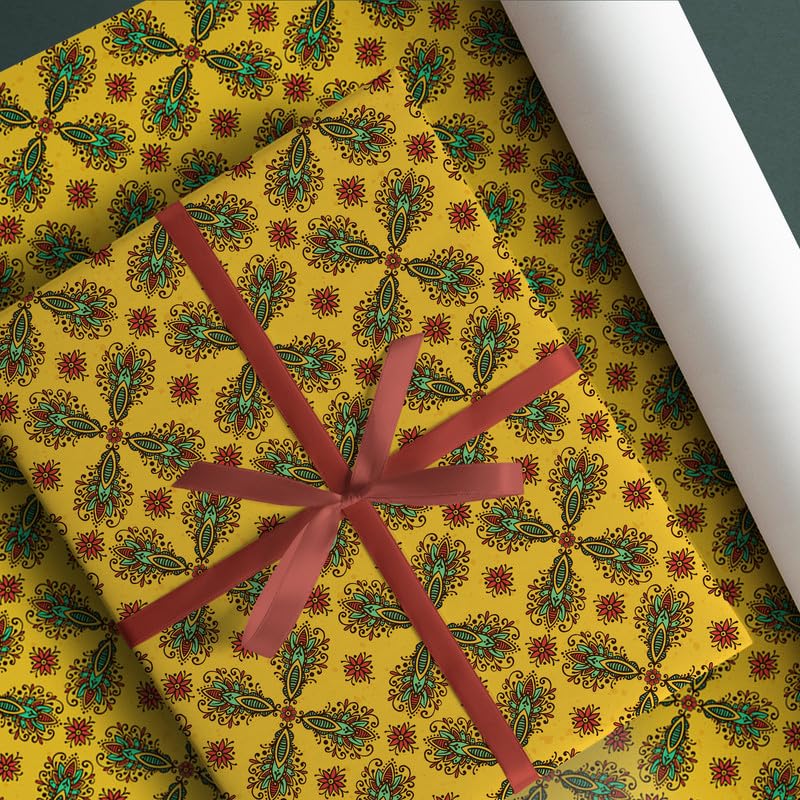 PaperPep Yellow Traditional Festive Mandala Print 19"X29" Gift Wrapping Paper, Pack of 5