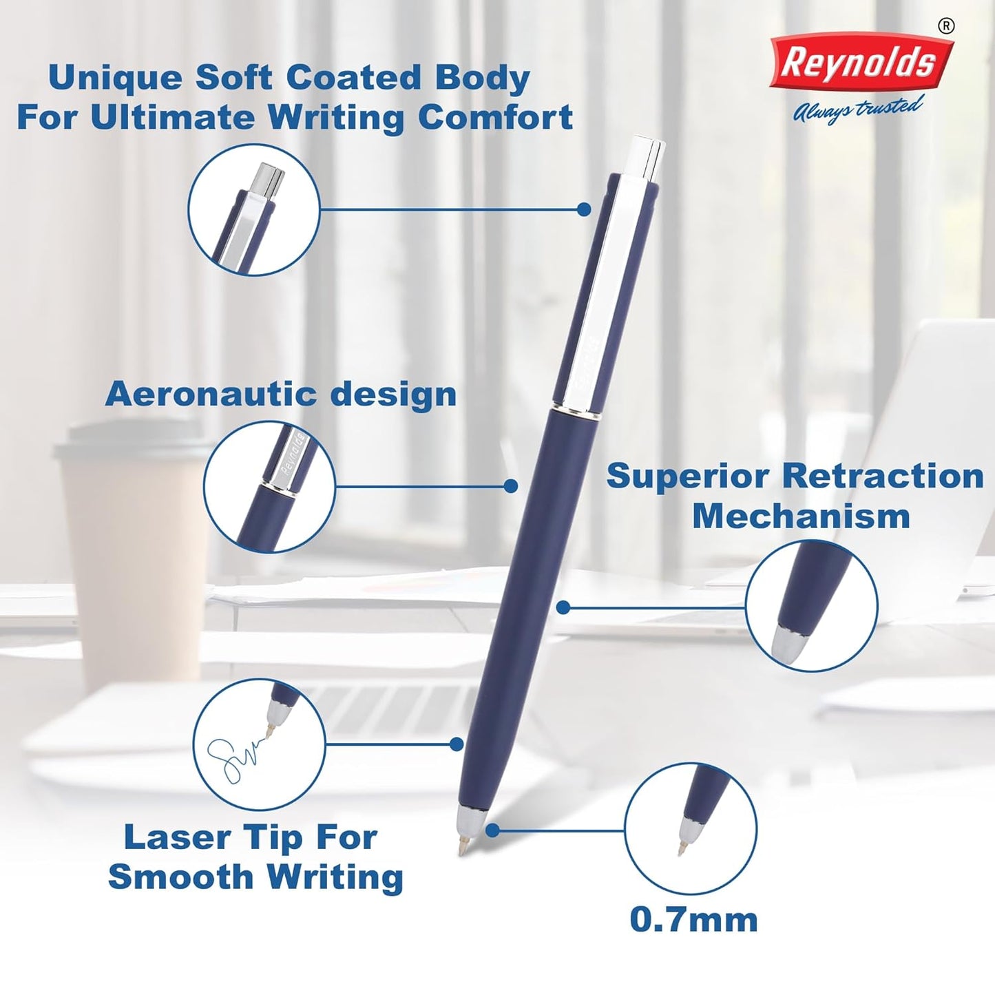 Reynolds JETTER AEROSOFT Retractable Ball Pen, Blue Ink, Pack of 5