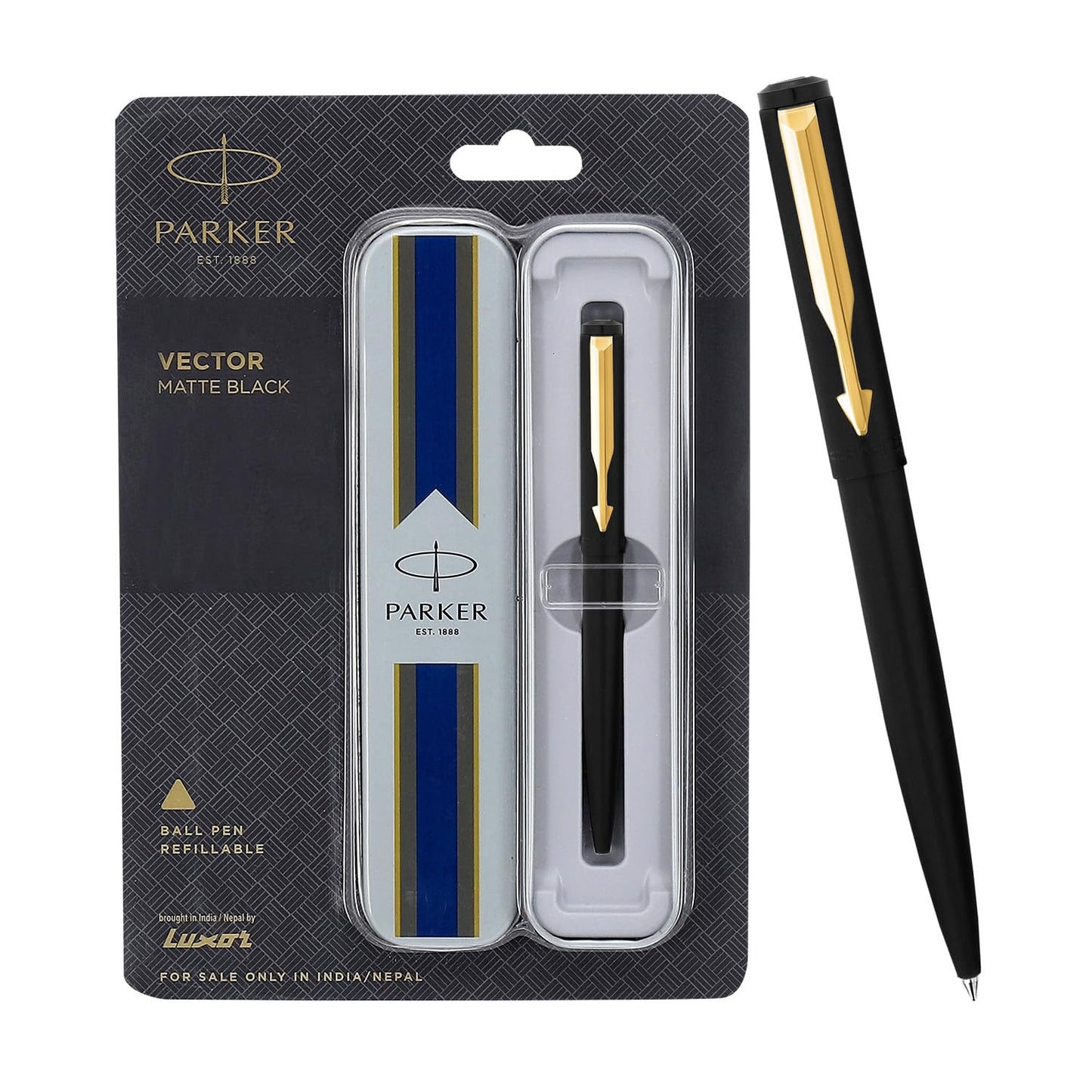 Parker Functional Vector Matte Black Chrome Trim Roller Ball Pen , Blue Ink, Pack Of 1