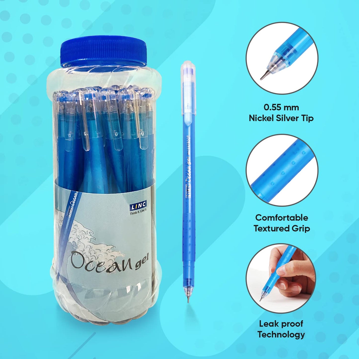 Linc Ocean 0.55mm Gel Pens Jar Pack, Blue Ink, Pack Of 25 Pens