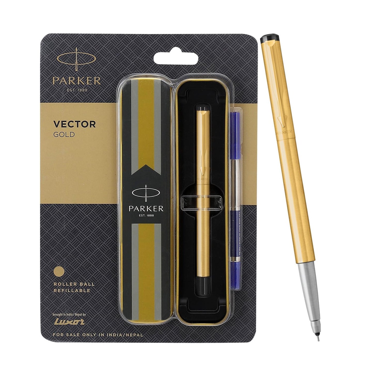 Parker Functional Vector Gold Golden Trim Roller Ball Pen, Blue Ink