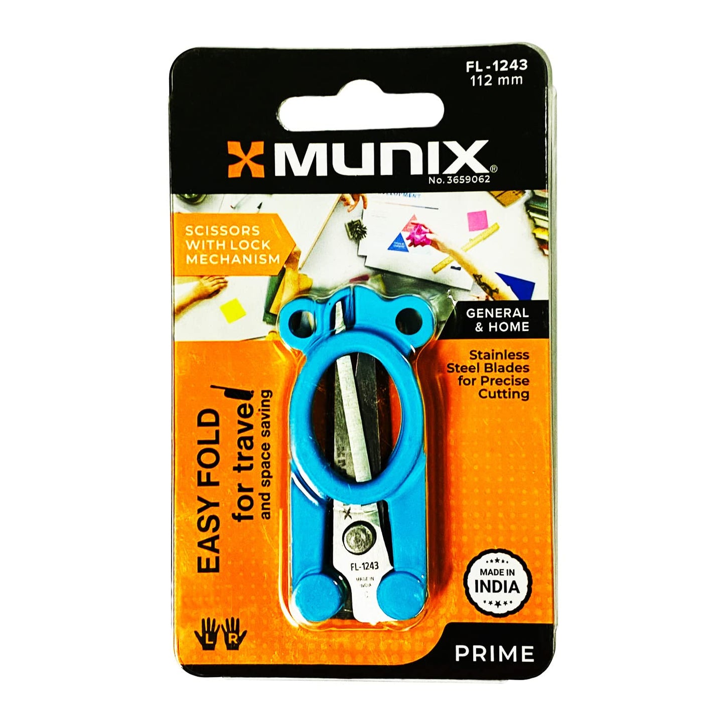 Munix Scissors For Home,Office FL-1243 112mm Foldable, Multicolour, Pack Of 1