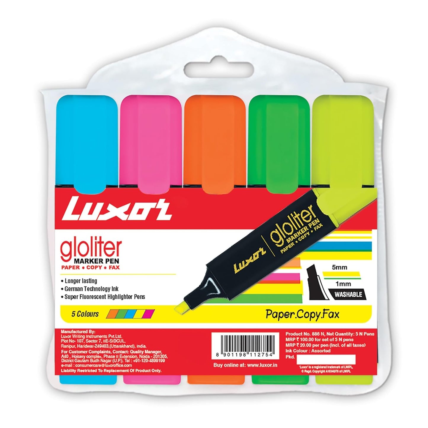 Luxor 886 N Highlighters, Set Of 5, Multicolor