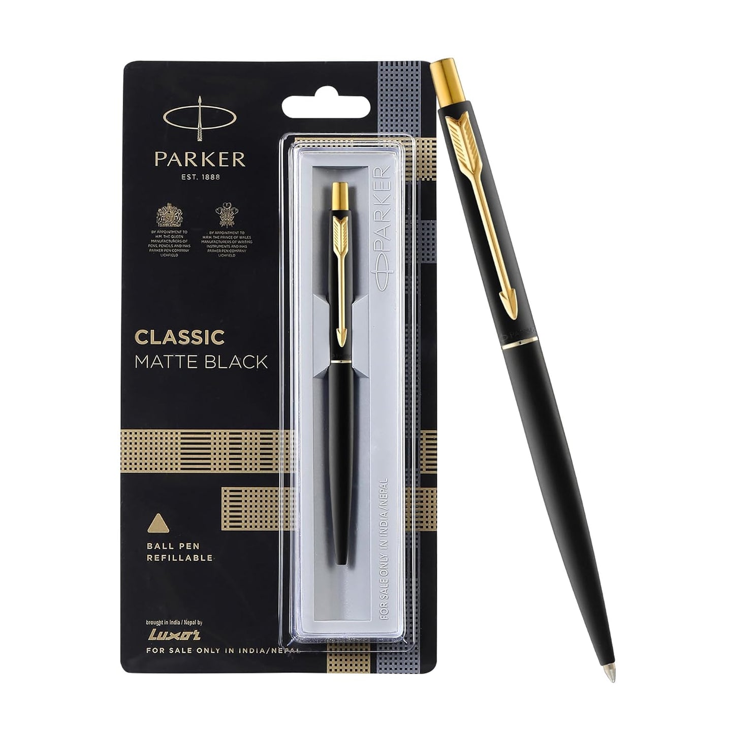 Parker Functional Classic Matte Black Gold Trim Ball Pen, Blue Ink, Pack Of 1