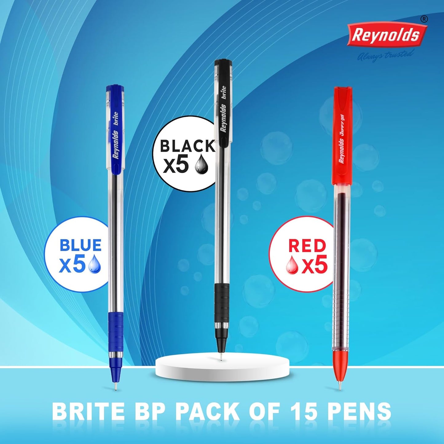 Reynolds BRITE BP 15 CT Ball Pen, (5 BLUE, 5 BLACK, 5 RED), Pack of 1