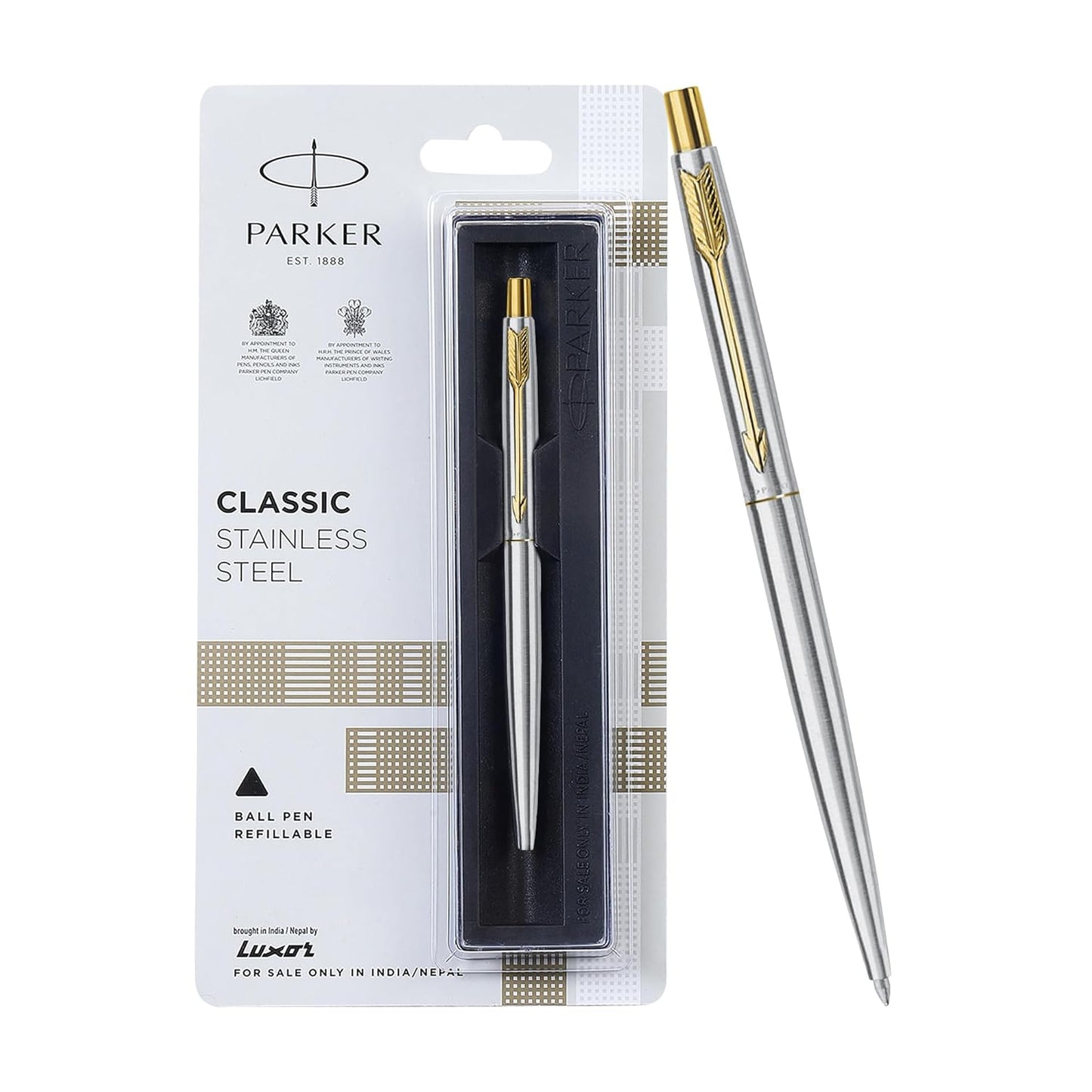 Parker Functional Classic Stainless Steel Gold Trim Ball Pen, Blue Ink, Pack Of 1