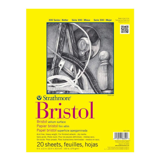 Strathmore 300 Series Bristol Smooth 14''x17'' Extra White Smooth 270 GSM Paper, Short-Side Tape Bound Pad of 20 Sheets