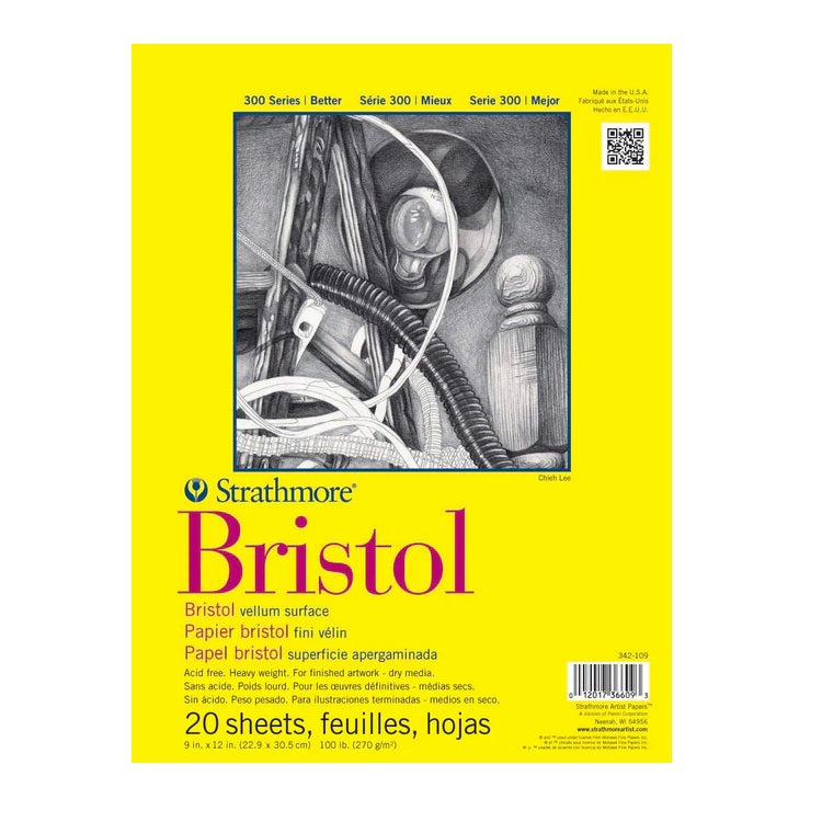 Strathmore 300 Series Bristol Smooth 9''x12'' Extra White Smooth 270 GSM Paper, Short-Side Tape Bound Pad of 20 Sheets