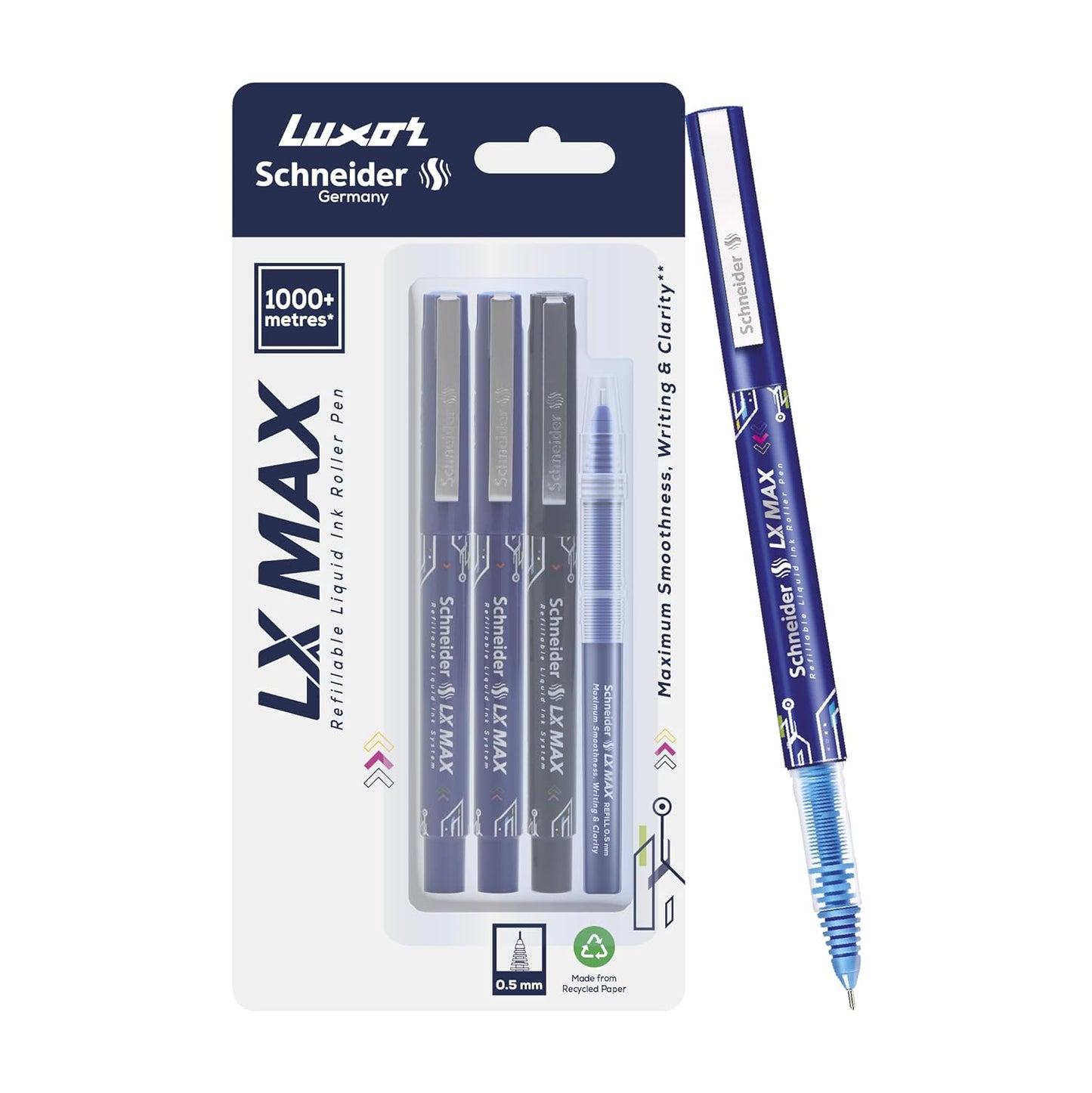 Luxor Schneider LX-Max Needle tip Pack of 3 Pens, 2 Blue, 1 Black,  1 Blue Refill