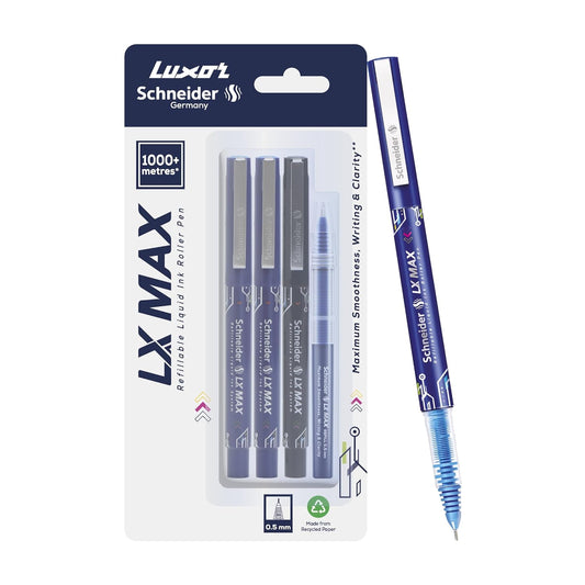 Luxor Schneider LX-Max Needle tip Pack of 3 Pens, 2 Blue, 1 Black,  1 Blue Refill