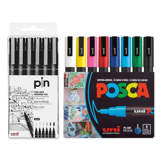 Uni-Ball PIN-200 0.03-0.8mm Fineliner with Posca 3M 0.9-1.3mm Markers Combo Pack