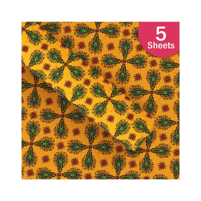 PaperPep Yellow Traditional Festive Mandala Print 19"X29" Gift Wrapping Paper, Pack of 5