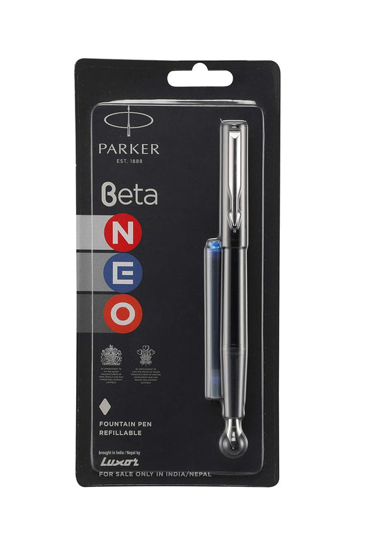 Parker Beta Neo Chrome Trim Fountain Pen, Black Body Color With 1 Ink Cartridge, Ink Color - Blue