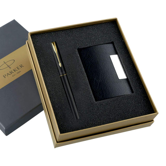 Parker Functional Frontier Matte Black Roller Ball Pen Gold Trim & Card Holder Gift Set, Blue Ink, Pack Of 1