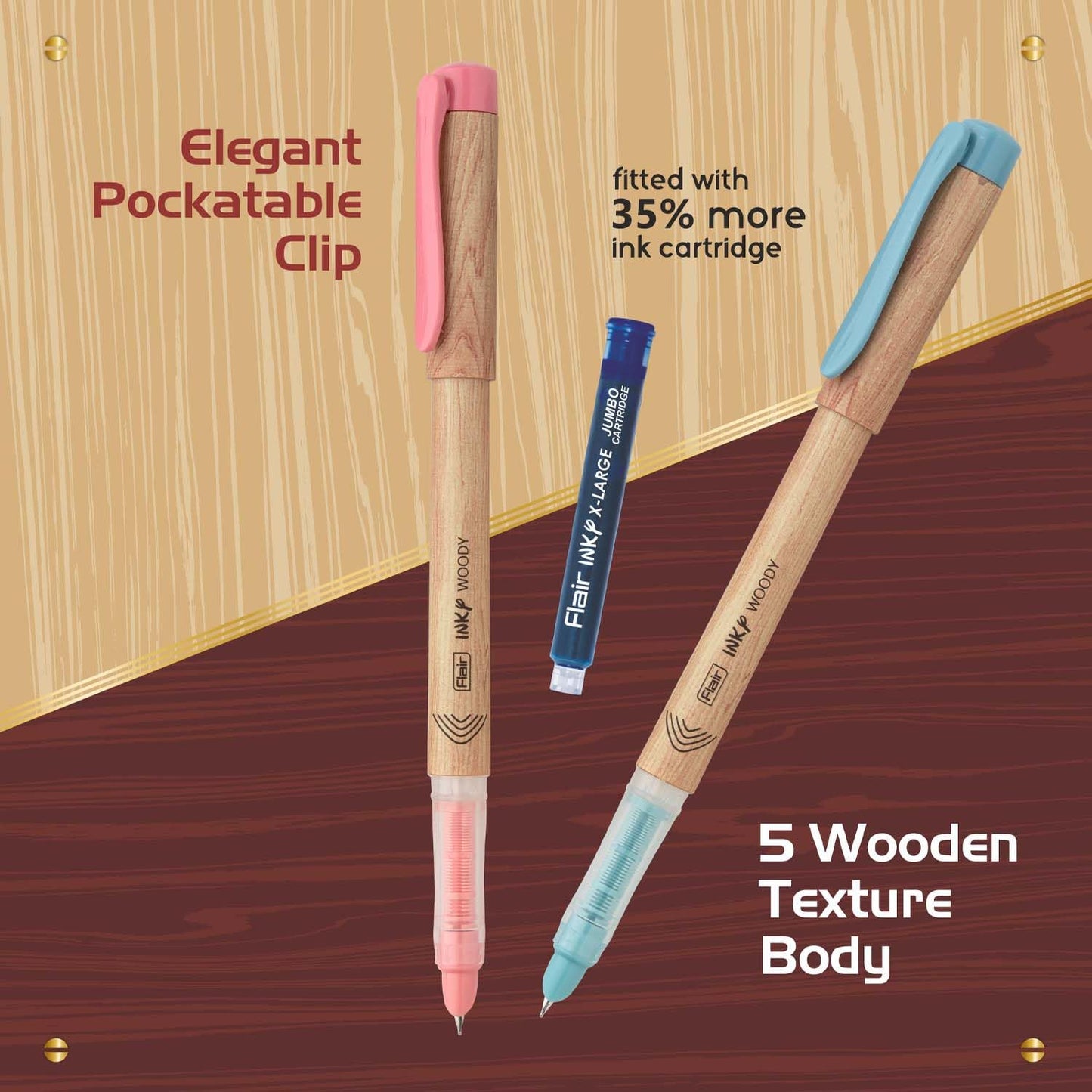 Flair Inky Series Woody Fountain Pen, Blue Ink, Pack of 2