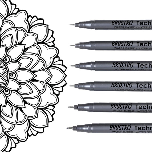 BRUSTRO Technical Pen Black Assorted, Set of 6