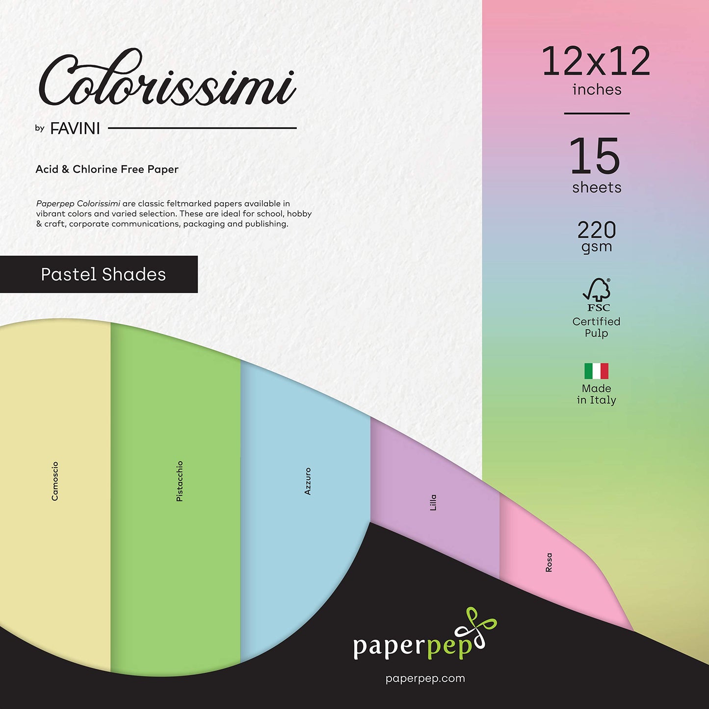 PaperPep Colorissimi 220GSM Card Stock 12"X12" Pastel Shades Assorted 15 Sheets