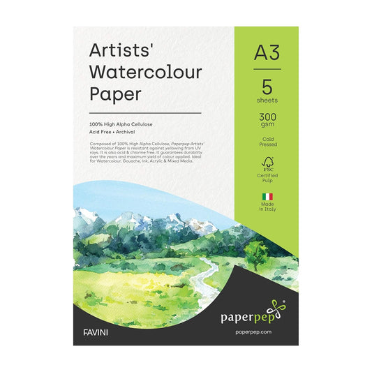 PaperPep Artists' Watercolour Paper 300GSM Cold Pressed A3 Pack of 5