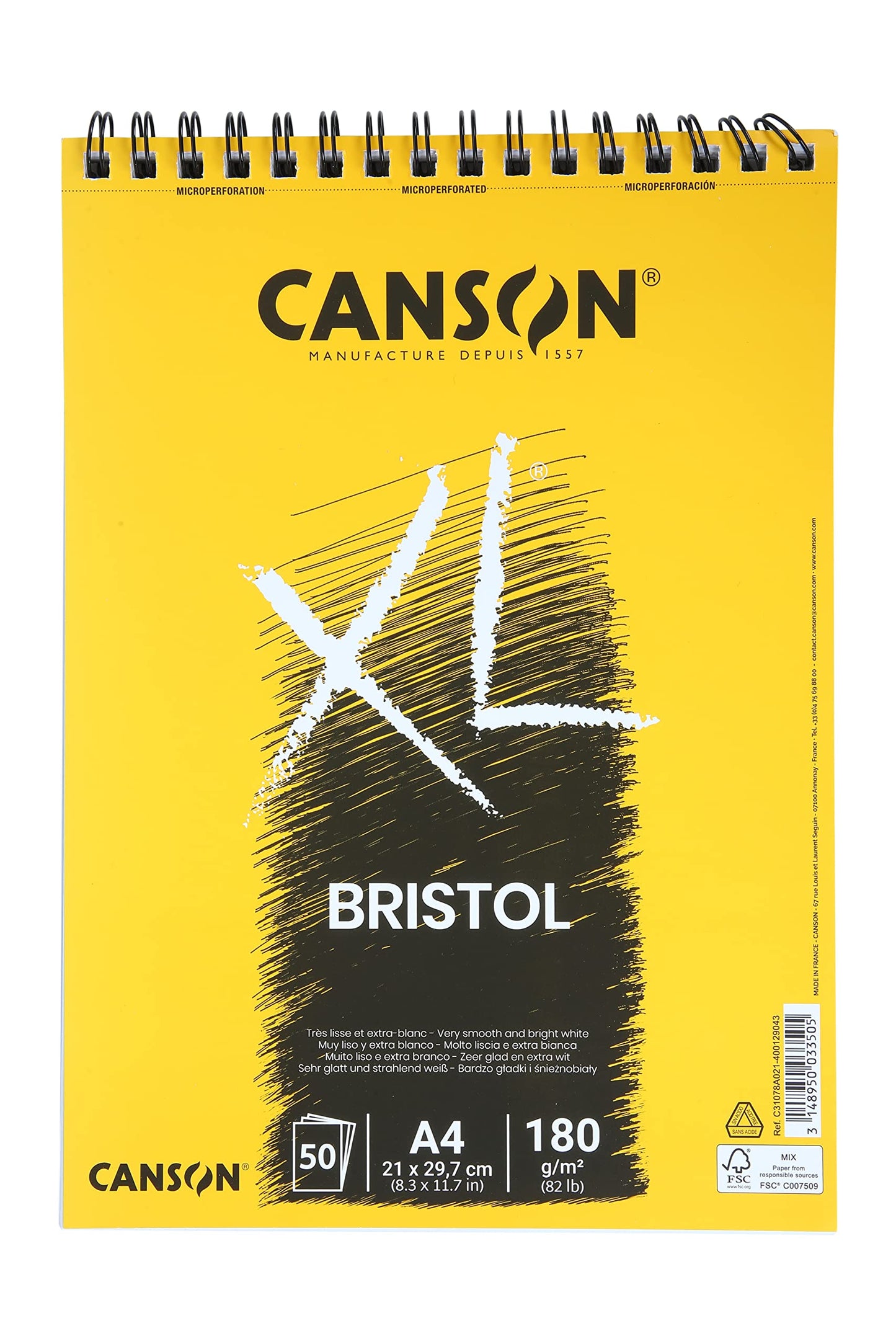 Canson XL Bristol 180 GSM Spiral Short Side A4 Pad (8.3x11.7 in- 50 Sheets)