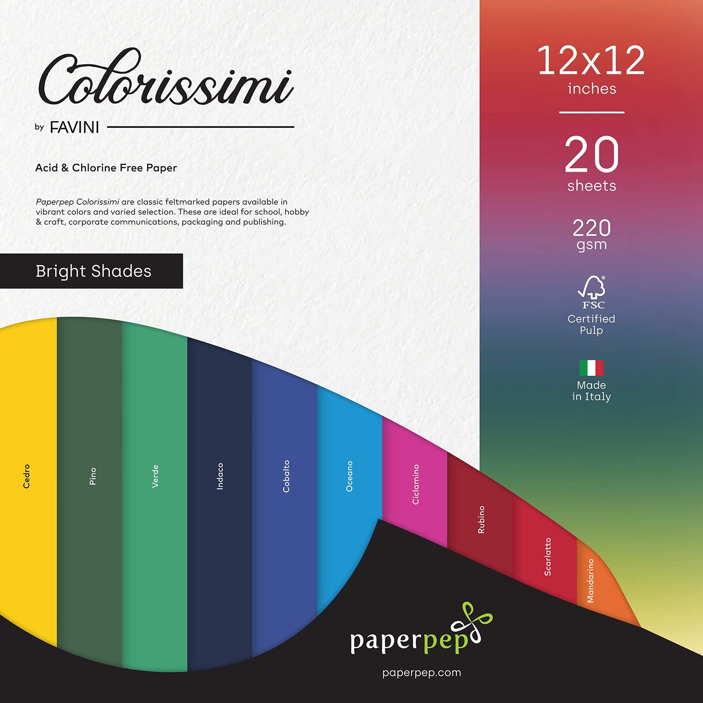 PaperPep Colorissimi 220GSM Card Stock 12"X12" Bright Shades Assorted 20 Sheets