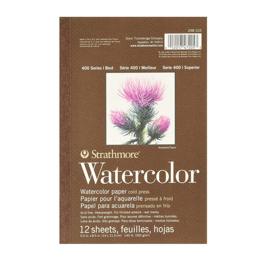 Strathmore 400 Series Watercolor 5.5''x8.5'' Natural White Medium Grain 300 GSM Paper, Long-Side Tape Bound Pad of 12 Sheets