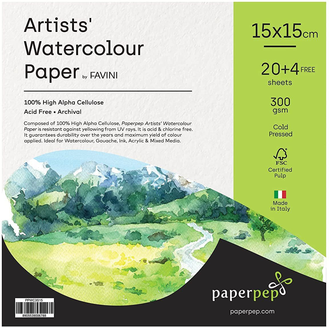 PaperPep Artists' Watercolour Paper 300GSM Cold Pressed 15X15CM Pack of 28