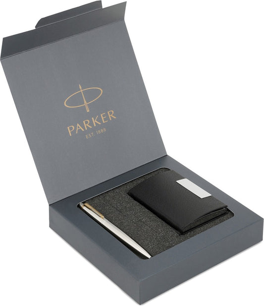 Parker Functional Jotter Stainless Steel Gold Trim Ball pen with Card holder Gift set, Blue Ink, Pack Of 1