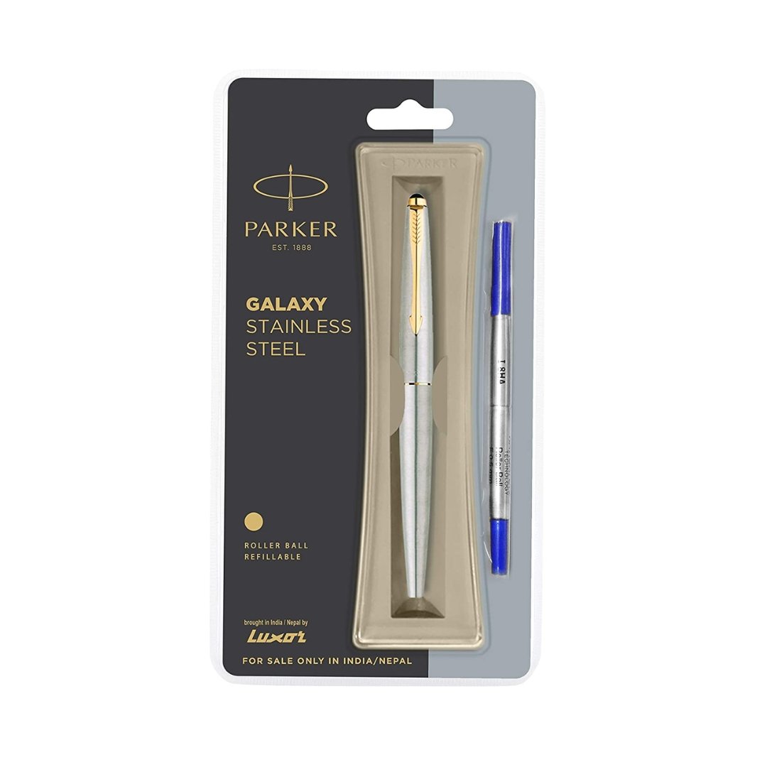 Parker Functional Galaxy Stainless Steel Gold Trim Roller Ball Pen, Blue Ink, Pack Of 1