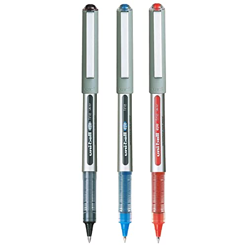 uni-ball Eye UB157 0.7mm Roller Ball Pen | Waterproof Pigment Ink | Lightweighted Sleek Body | Long Lasting Smudge Free Ink | School and Office stationery | Blue, Black & Red Ink, Pack of 3