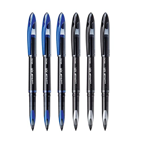 uni-ball Air UBA188M 0.5mm Roller Ball Pen | Waterproof Bold Ink | Water & Fade Resistant | Long Lasting Smudge Free Ink | School and Office stationery | 3 Blue & 3 Black Ink, Pack of 6