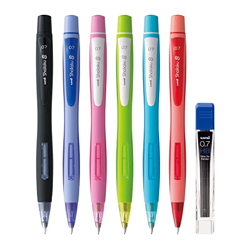 Uni-ball Shalaku M7-228 Mechanical Pencil (0.7mm, Black, Blue, Light Blue, Light Green, Pink & Red Body), Pack of 6 with 0.7mm HB Lead (1 tube, 12 pcs)