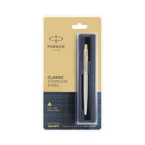 Parker Classic Stainless Steel Gold Trim Ball Pen - Blue Ink, Pack Of 1