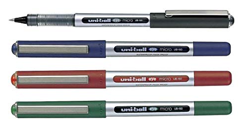 uni-ball Eye UB150 0.5mm Roller Ball Pen | Acid Free Water-Based Ink | Water & Fade Resistant | Long Lasting Smudge Free Ink | School and Office stationery | Blue, Black, Red & Green Ink, Pack of 4