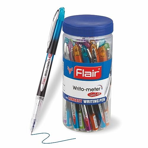 FLAIR Writometer Gel Pen Jar Pack | Stainless Steel Tip | Our Longest Writing Pens | Writes Upto 1,200 Meters | Ensures Smoothness & Durability | Blue & Black Ink, Set Of 20 Pens