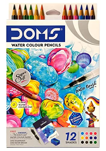 Doms Super Soft Hexagonal Pre-Sharpened Water Soluble Colour Pencils | Free Watercolor Paper, Sharpener & Water Brush | 3.3mm Watercolor Lead | 12 Shades | Pack Of 1