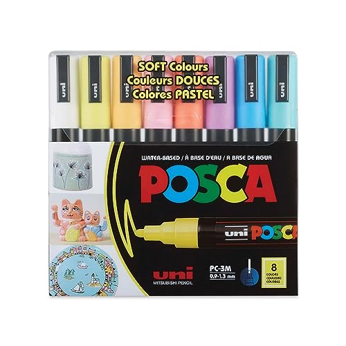 Uni-ball Posca 3M 0.9,1.3 mm Bullet Shaped Soft Colour Markers (8 Soft Colors, 8 Pcs)