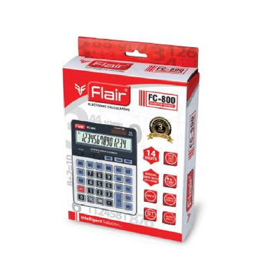 Flair FC-800 Desktop Series Electronic Calculator | LCD Screen Large Display | Dual Power with Solar | 12 Digits Calculator | Use for Stationery, College & Office | Pack of 1