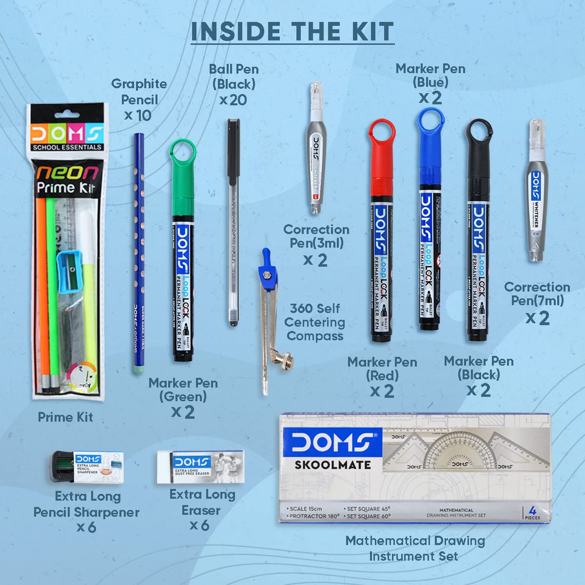 DOMS Stationery Smart Kit | Best for School, College & Office | 60 Assorted Items | Markers, Graphite Pencil, Ball Pens, Compass | DOMS Stationery | Stationery Items for School & Office