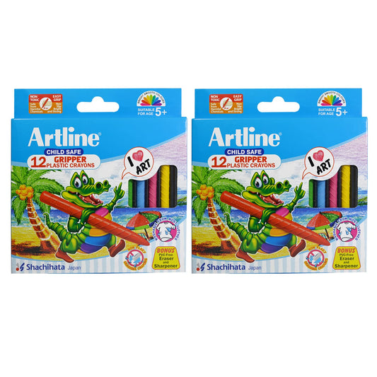 Artline 12 Shades Gripped Plastic Crayons | Non-Toxic | Easy Grip | Smooth Drawing Crayons for Students & Artist | Ideal for Birthday Gift | Pack of 2