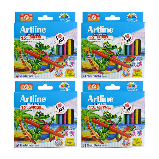 Artline 12 Shades Gripped Plastic Crayons | Non-Toxic | Easy Grip | Smooth Drawing Crayons for Students & Artist | Ideal for Birthday Gift | Pack of 4