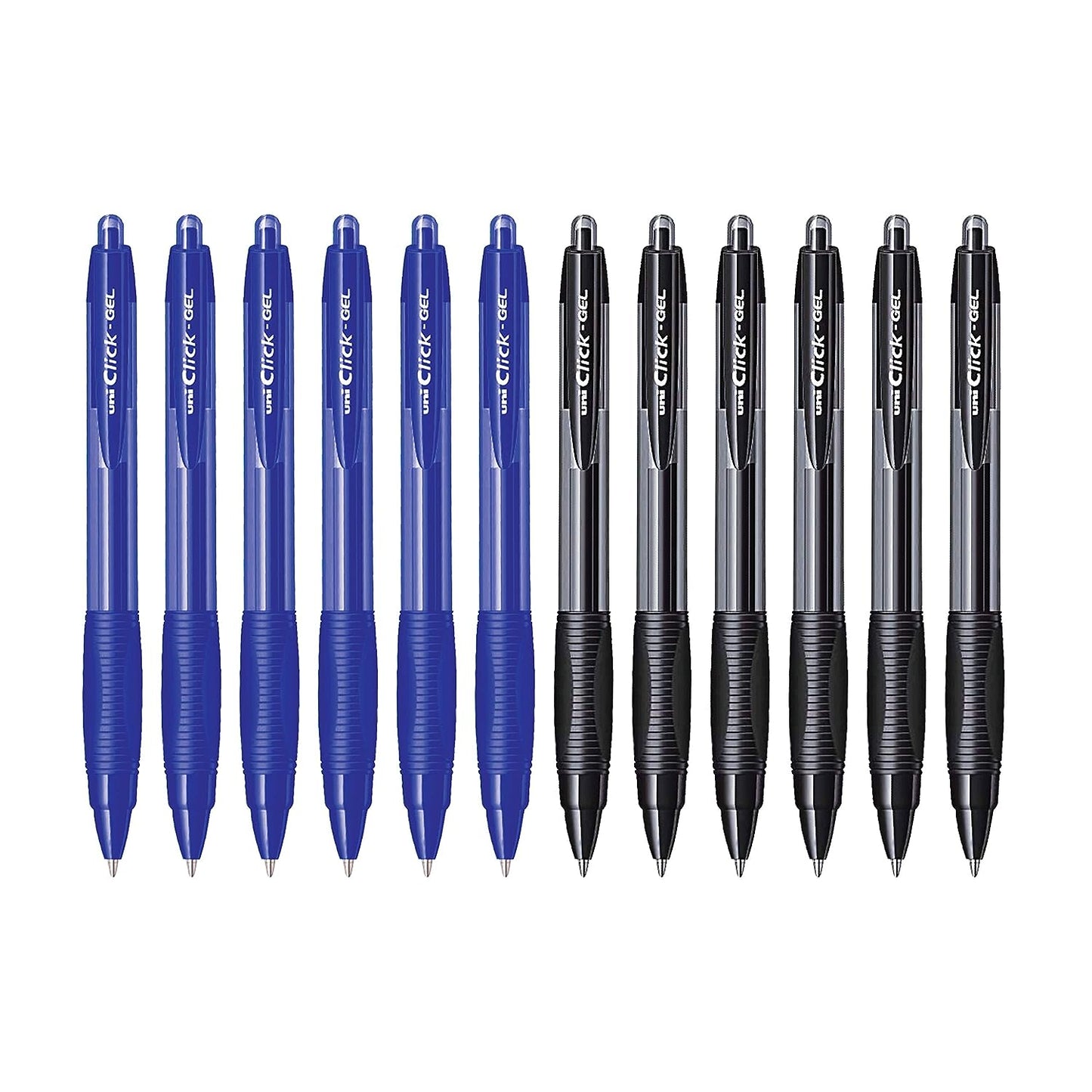 uni-ball Click Gel XSGR7 0.7mm Gel Pen | Triangular Rubber Grip Barrel | Retractable Mechanism | Long Lasting Smudge Free Ink | School and Office stationery | 6 Blue & 6 Black Ink, Pack of 12